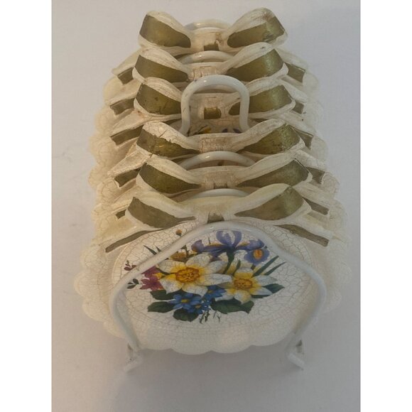 VTG BON JOUR Coasters Crack Floral Design Stand Holder 6 Piece KOREA - Picture 3 of 13